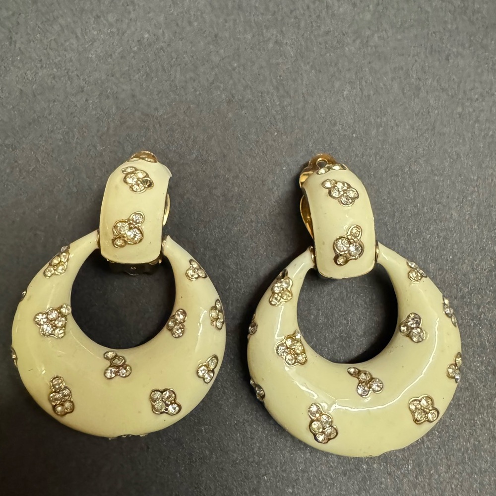 Cream Enamel Hoop Drop Earrings with Crystal Accents